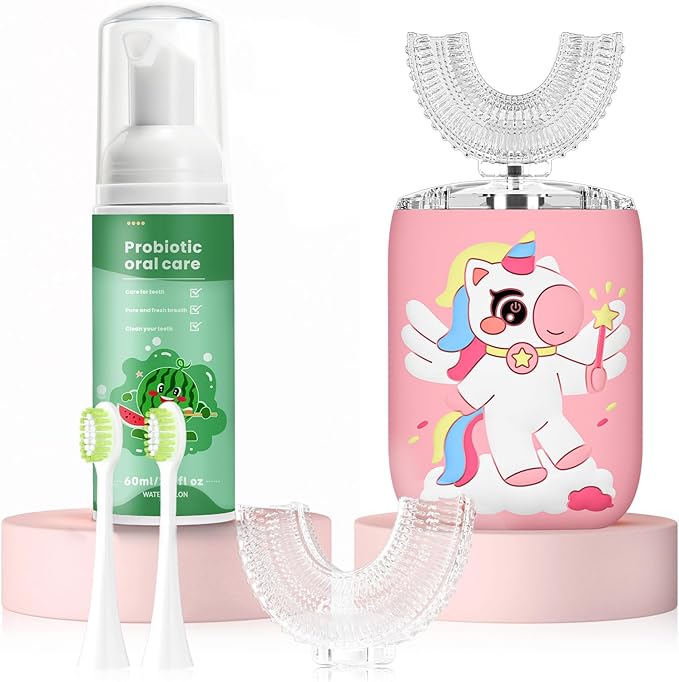 Kids Electric U Shaped Toothbrush, Kids Unicorn Sonic Automatic Toothbrush with 4 Soft Brush Heads with Toothpaste - (Age 2-15, Pink)