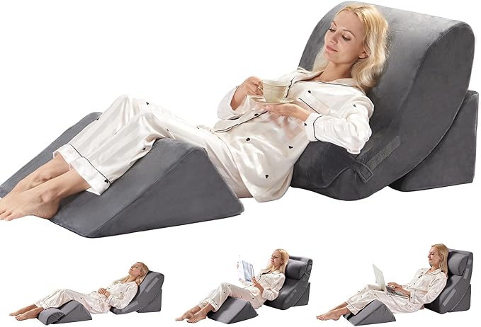 4PC Orthopedic Bed Wedge & BBL Surgery Pillow Set - Memory Foam Support for Buttocks/Back/Legs, Post Surgery Sleeping System with Adjustable Angles, Contains 2 Washable Pillowcases, Gray&White Grey