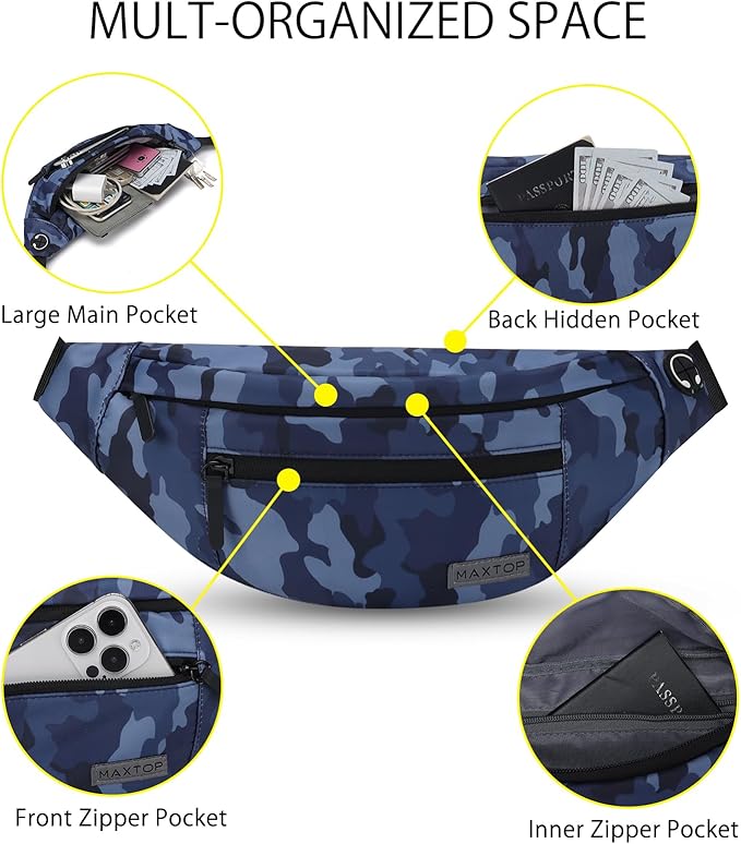 MAXTOP Large Fanny Pack Cross Body Bag Camo Belt Bag with Headphone Jack | Lightweight,4-Zipper Pockets, Adjustable Straps,Idea for Sports Workout Traveling Running Casual
