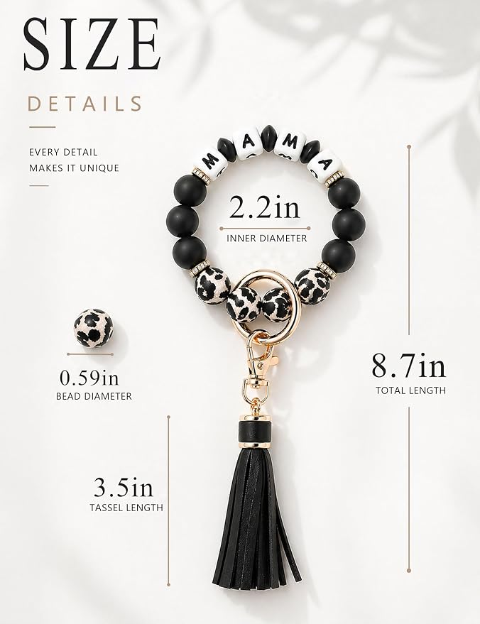 BAOSIWA Silicone Beaded Bracelet Keychain Wristlet Key Ring Bangle Chains for Women with Leather Tassel