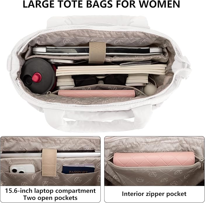 Puffer Tote Bag for Women Quilted Nurse Bag Lightweight Work Bag for Teacher Travel Handbag with Multiple Pockets