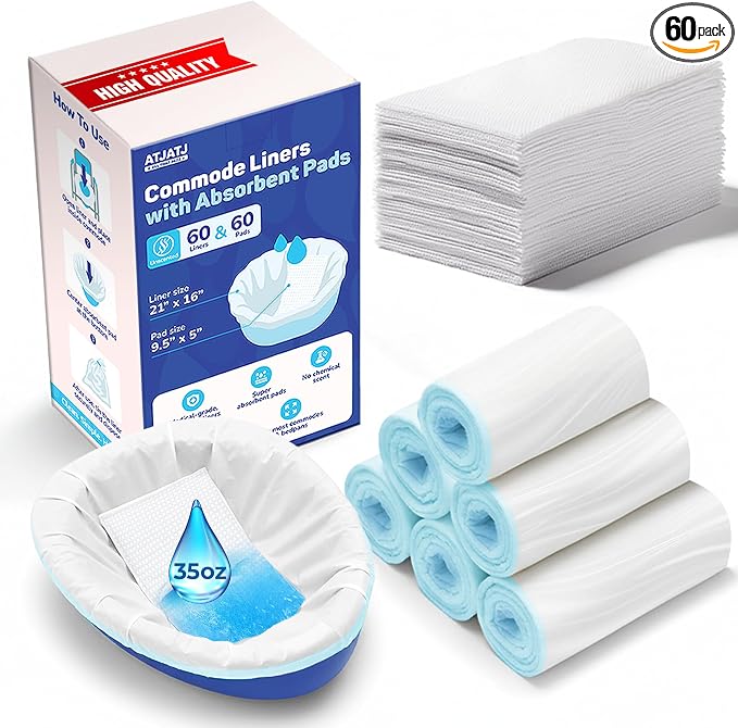 60 Packs Commode Liners With 60 Absorbent Pads, Leak-Proof Disposable Toilet Bags for Adults, Fits All Bedside Toilet Chairs Bucket, Portable Potty Liners for Home Medical Use, No Mess Cleanup