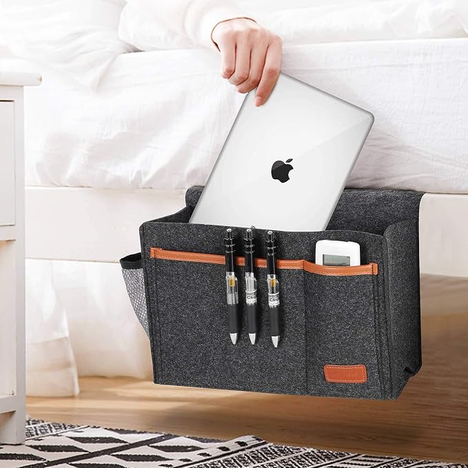 Bedside Caddy, Bed Storage Organizer for Remote Controller, Books, Magzine, Laptop Holder, 12.4'' x 8.6'' inch Bedside Hanging Felt Storage Bag for Dorm Bed with 5 Pockets, Dark Gray