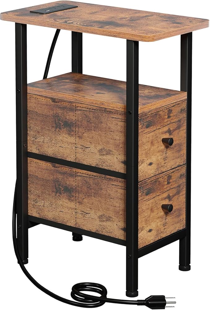 Narrow End Table with Charging Station, Small Nightstand | Skinny Side Tables Living Room with 2 Fabric Drawers, Slim Bedside Table for Bedroom, Small Spaces, Couch, Rustic Brown