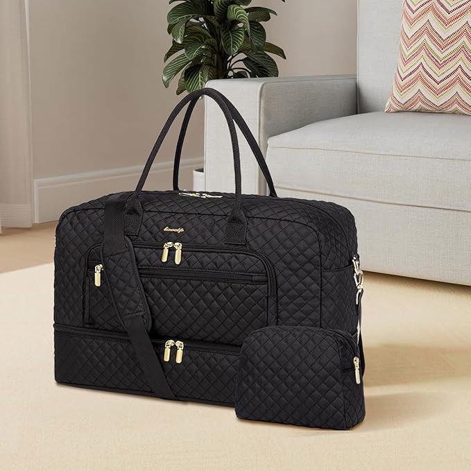 LUOCIP Large Women Travel Duffle Bag, Carry on Bag with Wet Toiletry Pocket for Overnight, Weekend, Yoga, Gym, Business Trips, Sport and Hospital, Black