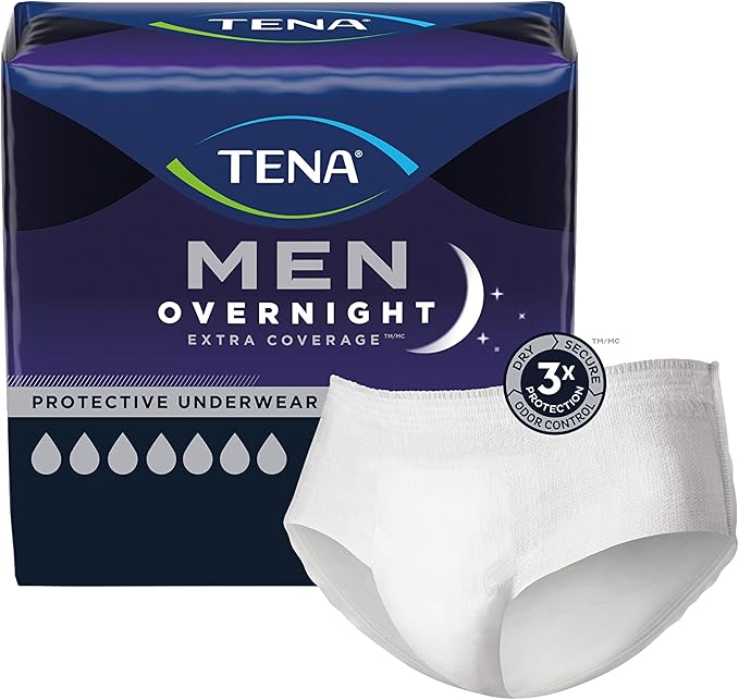 Tena Men Overnight Extra Coverage Incontinence Underwear, Masculine and Discreet, S/M, 56 Count (Waist Size 34in-50in)