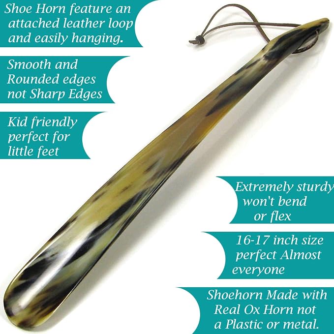 Shoe Horn Made with Real Horn Handmade. Easy Grip Long handle Shoehorn for Men,Women Seniors, Pregnancy, Elderly, back pain, tall people and kids Shoes & Boots.Best Gift Idea Home or Travel Use.(17'')