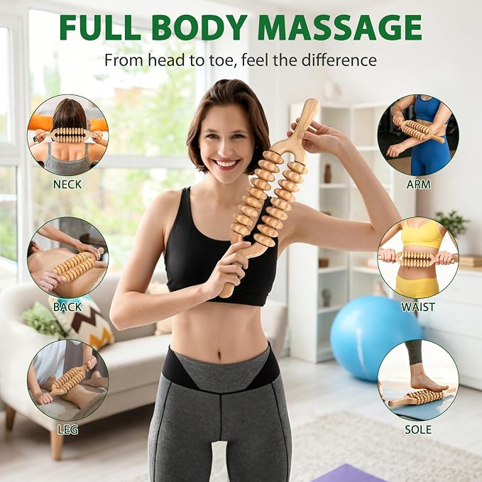 Liitrton Wooden Massage Roller for Legs, Double Row Massage Roller Stick | Smooth Body Roller, Wood Therapy Massage Tools for Trigger Points Relief, Sore Muscle Recovery