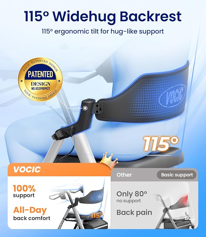 VOCIC Z21 Rollator Walker for Seniors with Seat, 8" All Terrain, 350 LBS | Lightweight Foldable & Dual Height Adjustable for Seniors, Ergonomic Arc Seat&6" Ultra Backrest Provide Comfort, Silver