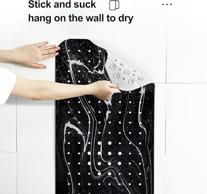 LNOND Marble Bath Tub Mat Non Slip, Extra Long 40 X 16 Inch Anti Slip Mat for Bathtub, Abstract Black White Marble Shower Mat with Drain Holes and Suction Cups, Machine Washable
