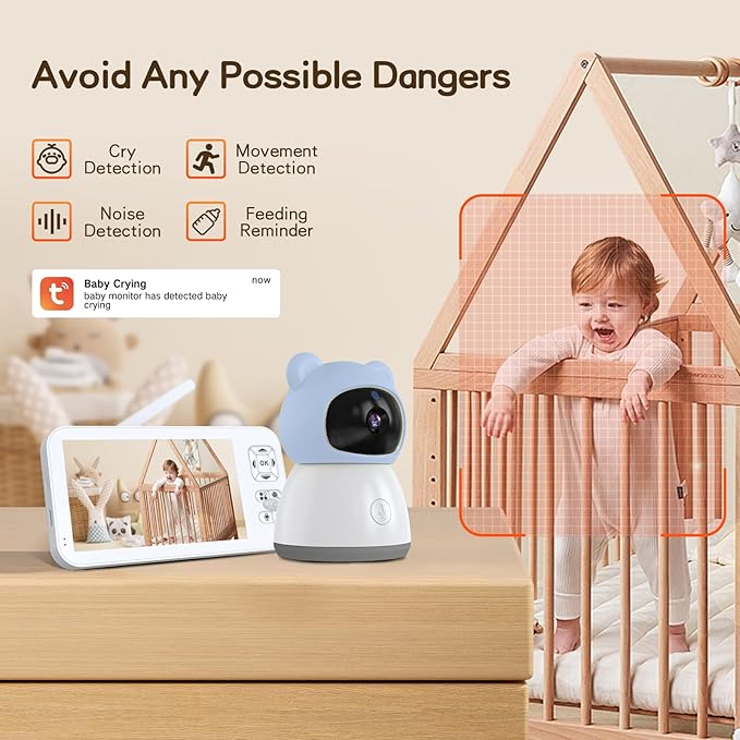 2K WiFi Baby Monitor with 5'' 1080P Screen, Smart Baby Camera with App Control, 360°Auto Tracking, Motion & Sound & Humidity & Temperature Detection, Night Vision, 2-Way Talk,Long Battery Life