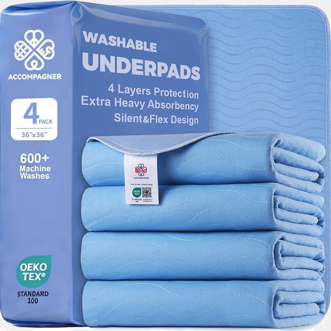 Accompagner Incontinence Bed Pads Washable Waterproof, Ultra-Absorbent Reusable Underpads for Diaper Changing, Nursing, Bedridden, Adults, Seniors, Kids and Dogs (Blue, 36"x36"(Pack of 4))