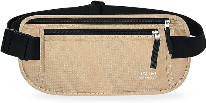 RFID Blocking Money Belt for Men Women, Slim Fanny Pack For Travel，Running,Conceal Waist Wallet For Passport Holder,Phone,Cash(Black Beige), Black Beige