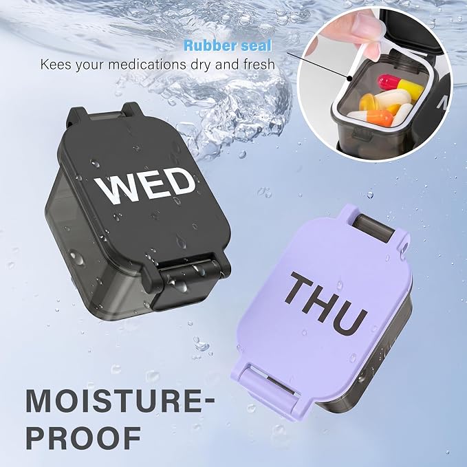 Yaklim Extra Large Weekly Pill Organizer - Waterproof 7-Day Pill Box, Portable Vitamin & Supplement Case, Easy to Open Design, Ideal for Travel and Daily Medication Management (BlackPurple, 2 Packs)