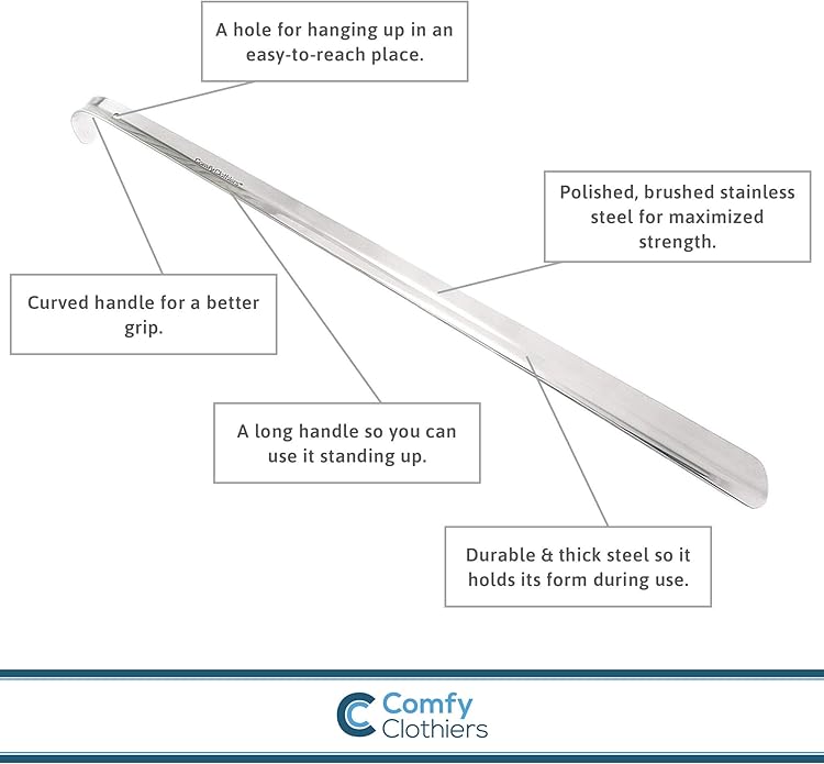 Comfy Clothiers - Metal Shoe Horn Long Handle - 23 inch - Multifunctional Stainless Steel Stick For Seniors and Kids, Slip Shoe Helper For All Types Of Foot Wear, Easy To Use