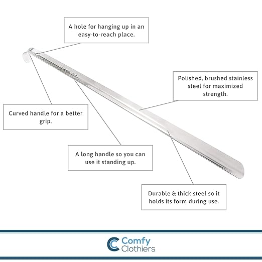 Comfy Clothiers 23-inch Long Handle Metal Shoe Horn | 100% Stainless Steel Shoehorn for Men, Women, Seniors - Shoe Spoon Helper Tool for Shoes & Boots