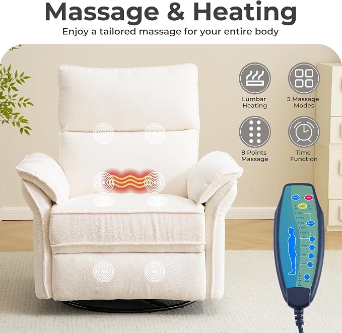 Oversized Power Recliner Chair Swivel Glider with Massage and Heat, Rocker Nursery Recliner for Adults with Adjustable Headrest, 24" Extra Wide Nursery Chair with Overstuffed Armrest,White