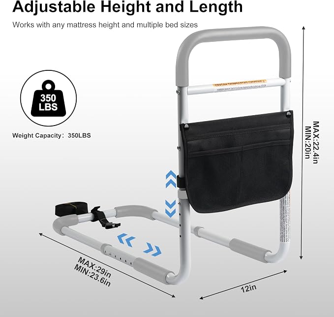 Panta Bed Assist Rail for Elderly Adults, ASTM Approved Adjustable Bed Assist Bar with Fixing Strap and Storage Bag, Foam Padded Handle, Portable Bed Cane, Fits Twin Full Queen King, Grey
