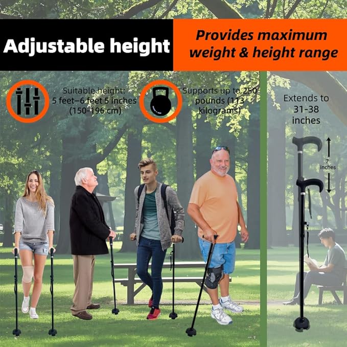 Walking Cane Crutches for Adults,Men&Women Seniors-Foldable Adjustable Lightweight Walking Stick with Waterproof Slip-Resistant Handle,360°Rotating Base&Wrist Strap-for Daily Support