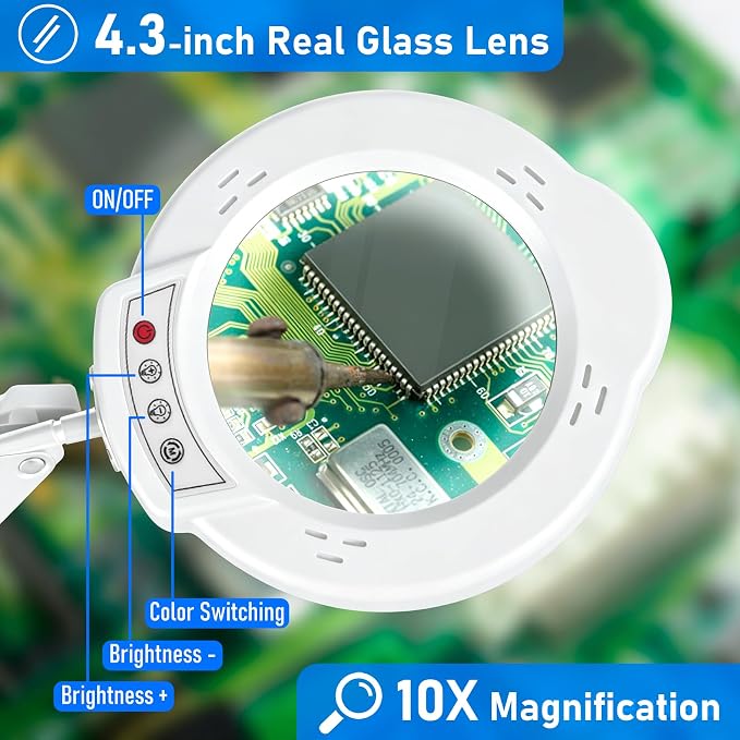 White 10X Magnifying Glass with Light and Stand, LED Desk Lamp with Clamp, 5 Color Mode, 10 Dimmable Levels, Hands Free for Reading Crafts Jewelry Sewing Close Work