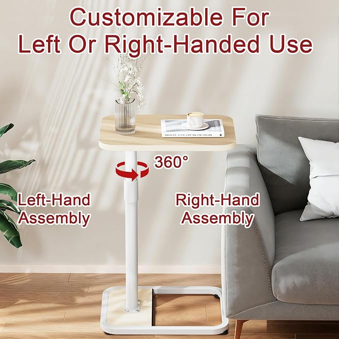 GOYLSER C Shaped End Table for Couch, Height Adjustable Rotatable Couch Tray Tables Sofa Table Tv Trays for Bedroom, Natural Wooden Swivel Side Table for Small Spaces