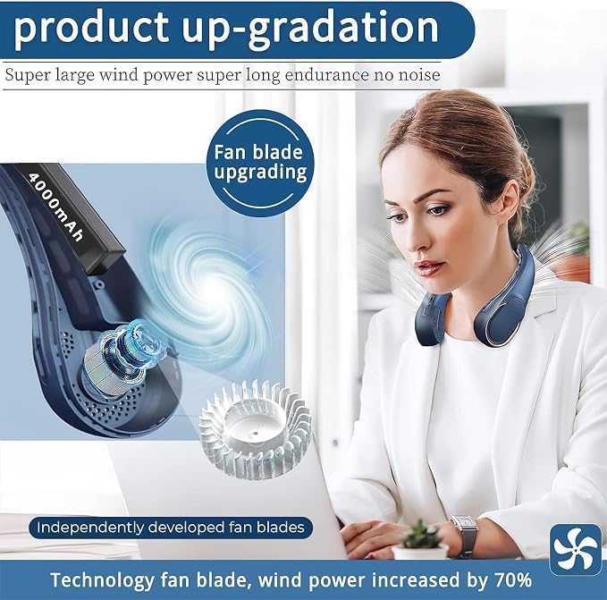 ASNUG Neck Fan, USB Rechargeable Personal Fan, 4000 mAh Battery Operated, 3 Speeds Adjustable, Faster Cooling, Ultra Quiet, Suitable for Home, Office, Travel, Sports