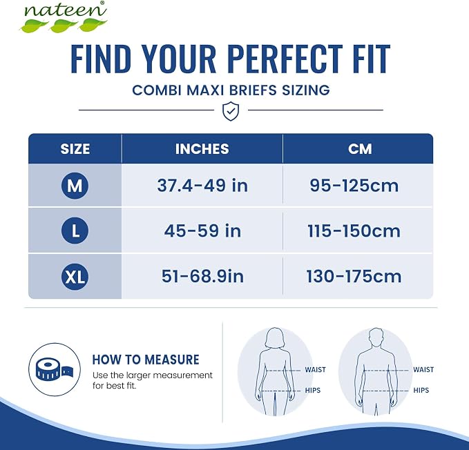 Nateen Combi Maxi Adult Diapers with Tabs for Men & Women, Maximum Absorbency Incontinence Briefs,Overnight Protection, Leakproof Disposable Adult Underwear. Large, 10Count