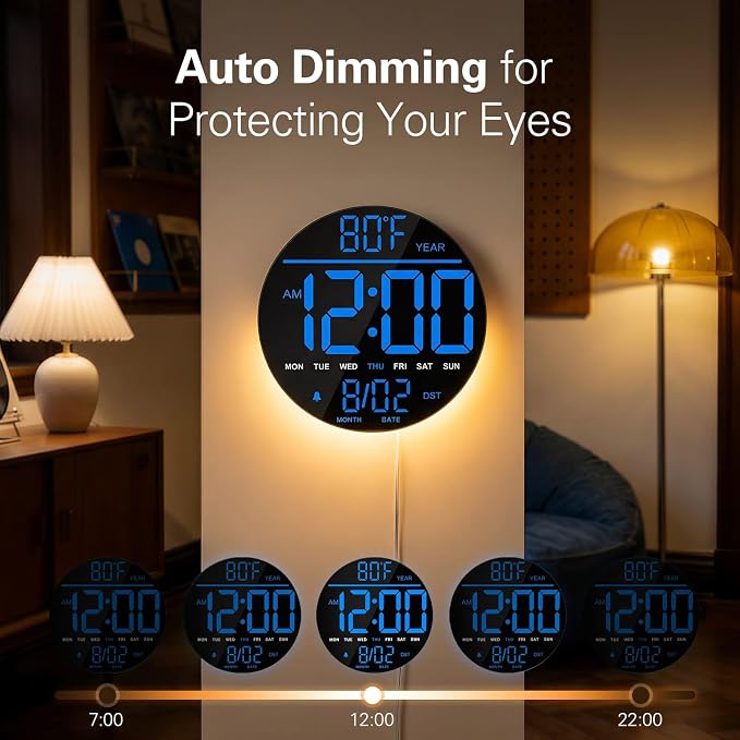 JALL 8" Large Digital Wall Clock with LED Display, Wall Clock with Temperature, Auto DST, Alarm Countdown Timer, 5 Brightness for Office, Bedroom, Living Room, Gym, Classroom Décor, Xmas Birthday Gift