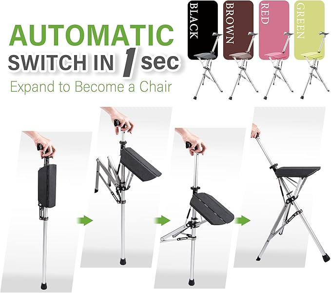 STEP2GOLD Ta-Da Chair, Portable Trekking Hiking Pole, Folding Walking Stick with Seat, Walking Cane with Chair, Foldable Chair, Lightweight Aluminum, Easy Carry and Storage, Anti-Slip