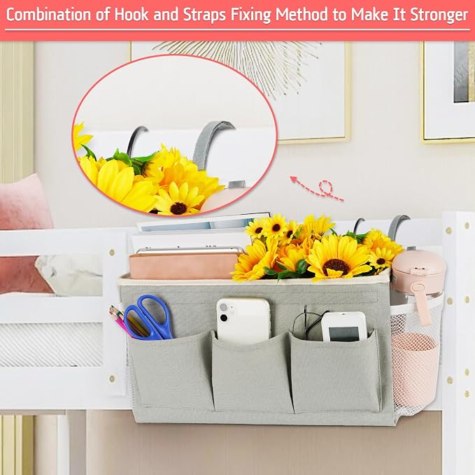 Bedside Caddy, Bedside Storage Bag Hanging Organizer for Bunk Dorm Bed Rail | Bed Caddy with Hooks, Top Bunks and Dorm Essentials for Water, Tissues, Tablets, Books, Phones, Remotes and Other Necessories
