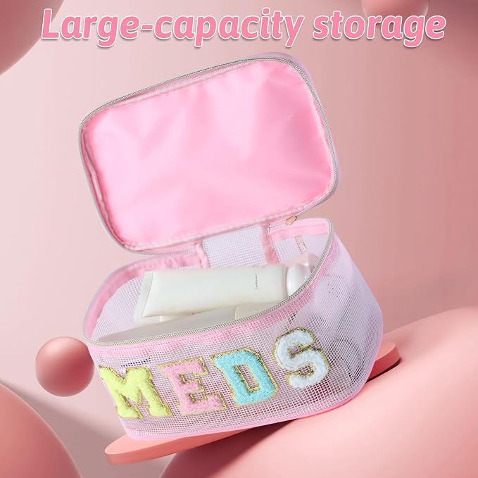 Medicine Bag, Portable Meds Bag with Chenille Letters, Breathable Mesh Makeup Bag Organizer for Travel, Pill Storage & Cosmetic Collection