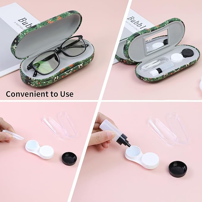 2 in 1 Contact Lens Case and Eyeglasses Case for Women Men Kids, Double Sided Hard Shell Portable Glasses Travel Holder with Built-in Mirror, Contact Lens Box Storage Kit (Green Cat)