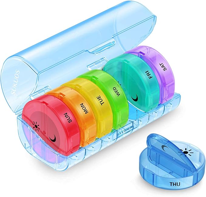Sukuos Large Weekly Pill Organizer 2 Times a Day, Daily Pill Box 7 Day Easy to Open with Double Protection, AM PM Pill Case for Medicine/Vitamin/Fish Oil/Supplements (Blue)