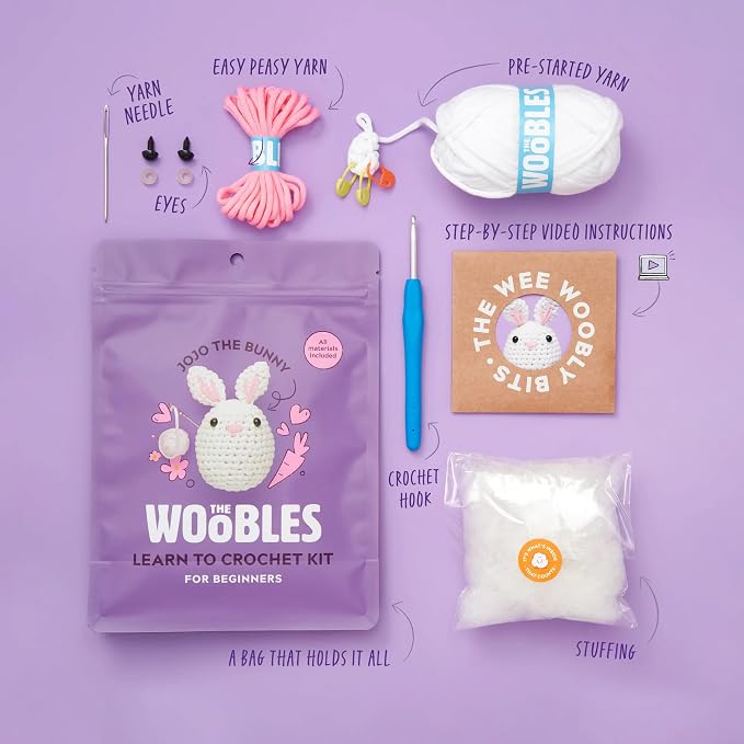 The Woobles Amigurumi Crochet Kit for Beginners (JoJo the Bunny) | As seen on Shark Tank, Kit includes: Easy Peasy Yarn, pre-started piece, hook, safety eyes, stuffing, video tutorials