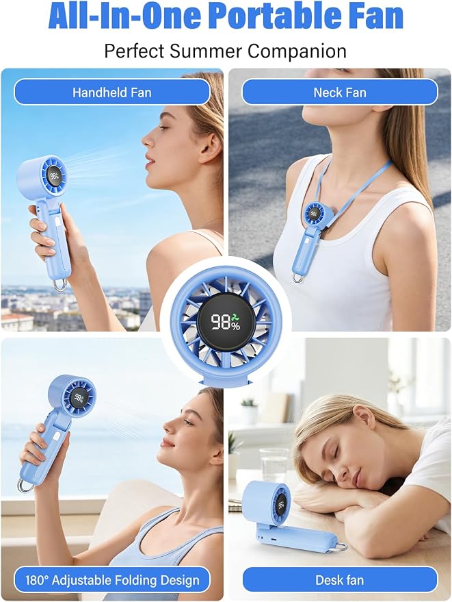 AI Handheld Fan Turbo, 100-Speed Portable Fan Rechargeable, Mini Fan with 12800 RPM Strong Airflow, Foldable 4-in-1 Personal Fan for Travel, Camping, Beach & Office, USB-C & Lightweight & Quiet
