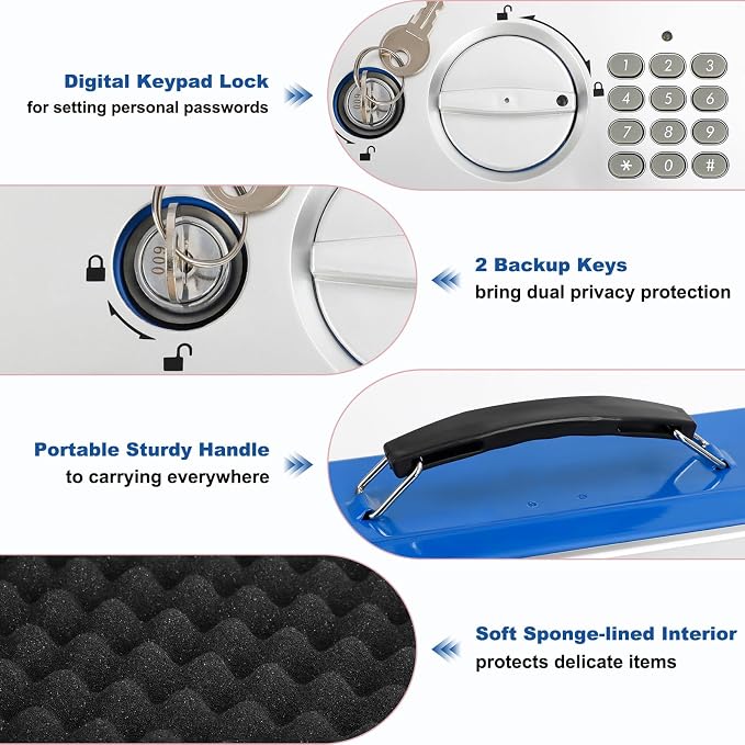 KYODOLED Blue Safe Box with Digital Keypad Lock, Lock Box with Code for Personal Items, Metal Security Box for Cash, Passport, Jewelry, Ideal for Home, Office, Garage Sale, 11.8'' x 9.4'' x 3.5''