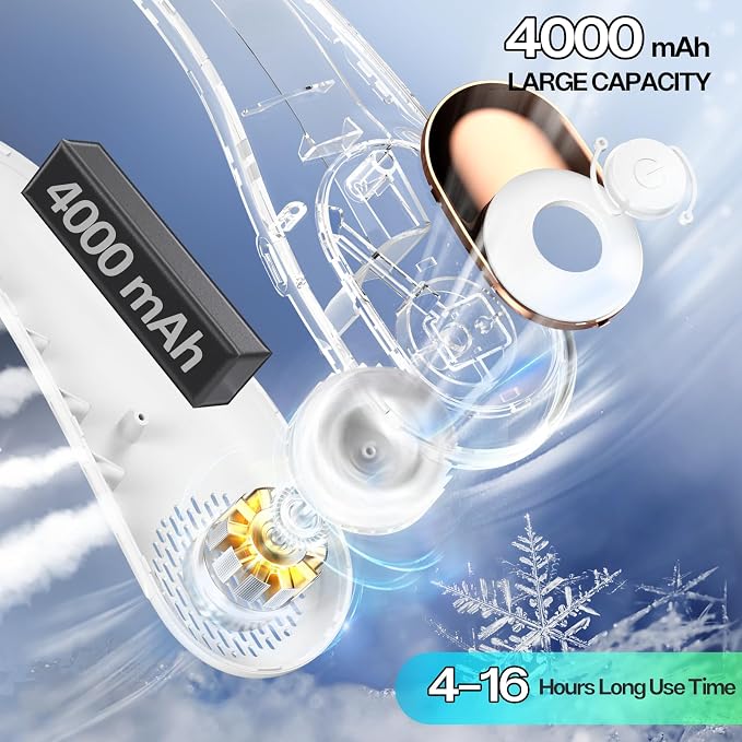 KIDEE Portable Neck Fan, 4000mAh Rechargeable, 360° Airflow, Hands Free Bladeless Wearable Fan, 2 Pack, White