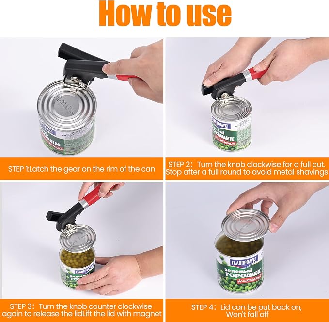 2 in 1 Safety Can Opener Manual Smooth Edge & Bottle Opener, No-Trouble-Lid-Lift Manual Can Opener with Magnet, Large Rubber Handle & Stainless Steel Blade, Side Cut Hand Can Opener for Kitchen (Red)