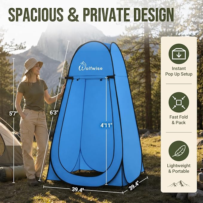 WolfWise Pop Up Shower Tent for Camping Essentials, Compact & Lightweight | Portable Instant Changing Tent with Window & Carry Bag, Privacy Dressing Room Bathroom for Outdoor, 6'3"/6'11" H
