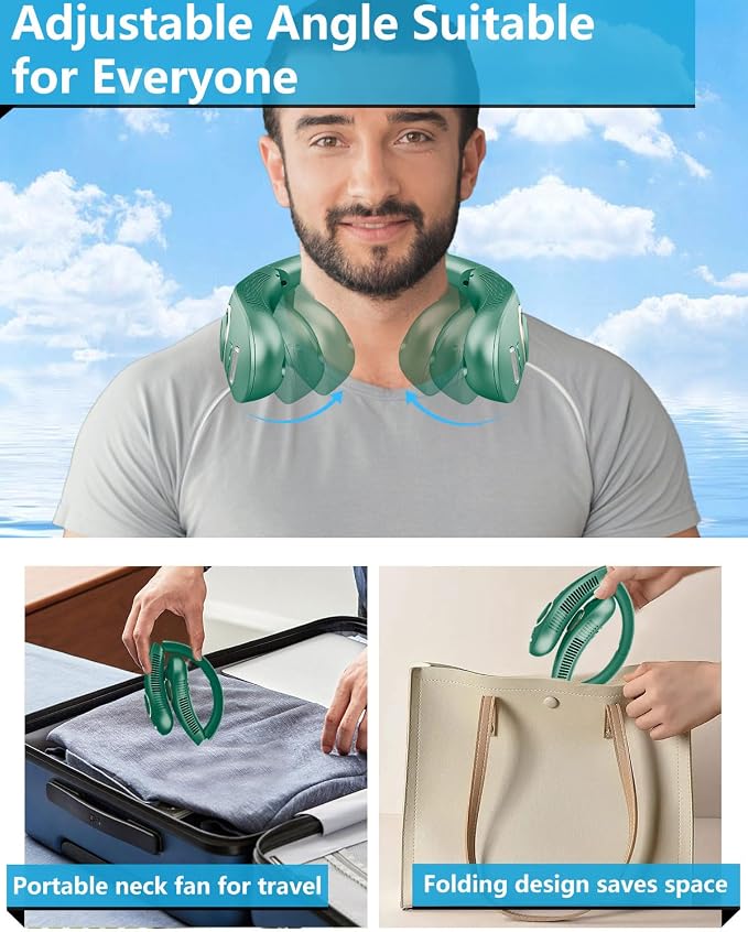 Misting Neck Fan that Blows Cold Air, USB-C Recargable 4-9H Long Life, 360° Airflow Lightweight without Blades, Mini Personal LED Cooling Device for Kid Adults Outdoor Travelling Office Home, Green