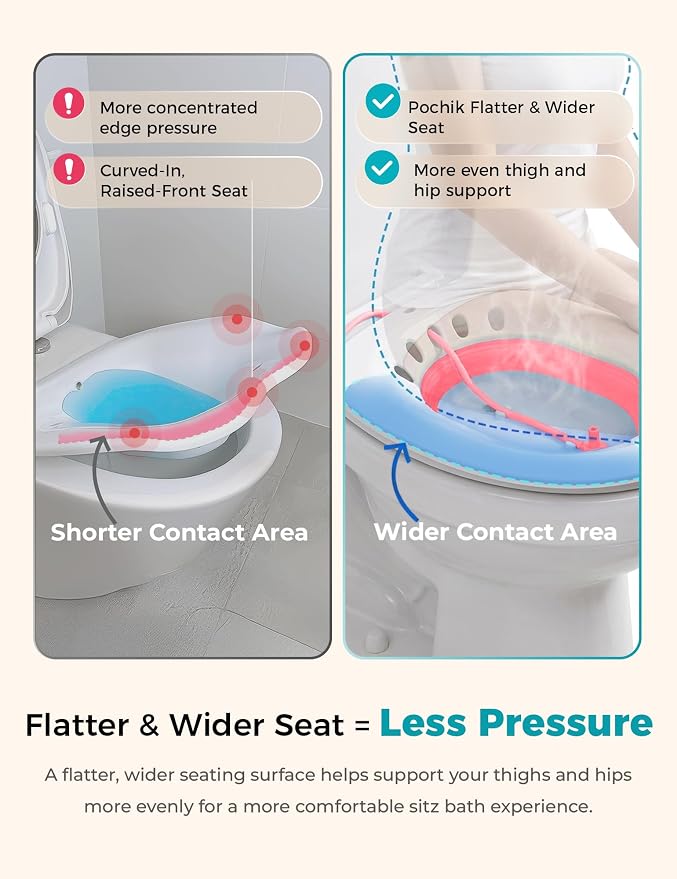 Pochik Sitz Bath for Toilet Seat Hemorrhoids and Postpartum Care, Yoni Steam Seat, Perineal Soaking, Collapsible, Flusher Hose, Drain Holes, Wider Seating Area - Magenta