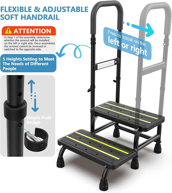 [2026 Upgrade] 2 Step Stool with Handle for Elderly with Sensor Night Light,Medical Heavy Duty Step Stool with Adjustable Handrail, Bedside Steps for People with Mobility Impairments,350lbs