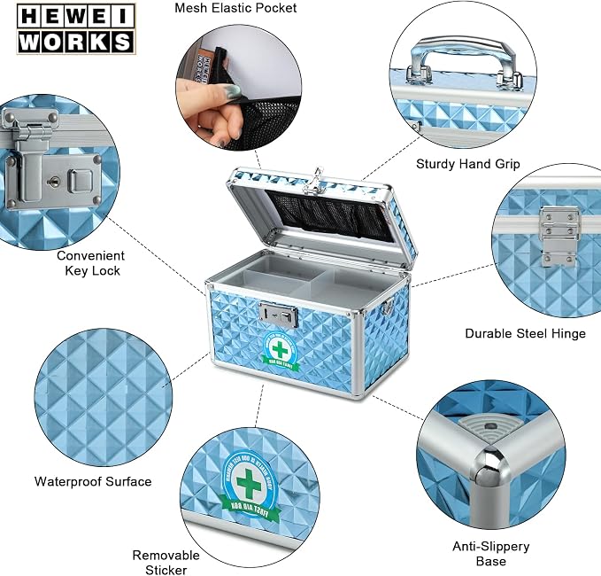 Storage Box with Key Lock, Lockable Medicine Storage Box, Empty First Aid Box, Security Lock Box, Multipurpose Locking Box for Home and Outdoor Use (Blue, Medium)