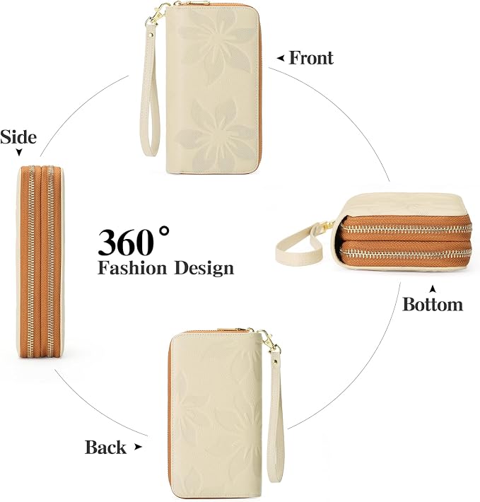 GOIACII Women's Wallet Large Capacity Double Zip Ladies Card Phone Holder RFID Blocking Wristlet Leather