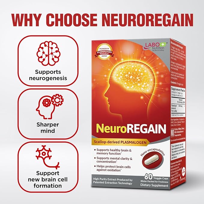 LABO Nutrition NeuroREGAIN - Scallop-derived PLASMALOGEN for Brain Deterioration, Memory, Alertness, Learning, Concentration and Other Cognitive Functions – Suitable for Seniors, Adult Men & Women x3