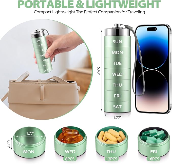 Metal Weekly Pill Organizer, Large Travel Pill Box, Portable Aluminum Alloy Waterproof Container, 7 Day Daily Medicine Organizer Holder for Vitamin, Fish Oil, Supplement, Mint Green