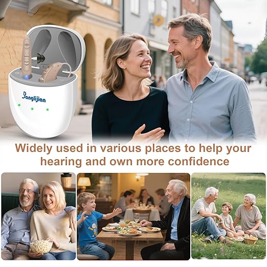 Banglijian BL04RD OTC Hearing Aids for Seniors - Rechargeable RIC Receiver in Canal Design, 16-Channel Clear Sound with Intelligent Noise Cancelling & Lower Distortion, Easy Operation (Pair, Beige)