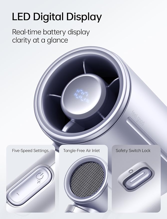JISULIFE Handheld Fan Life9S - Sleek Chrome: Turbo Power, 22 Hours Cooling | LED Display, 5000mAh, 5-Speeds, Mini Portable Fan for Travel, Cruise, Concerts, Trendy Gifts for Women Men -Blue