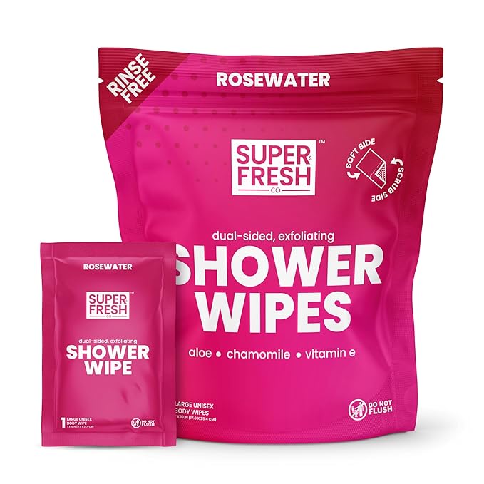 Super Fresh Shower Wipes Large Rosewater Body Wipes for No Rinse Bathing Personal Hygiene Gym Travel or Camping Enriched with Aloe and Vitamin E 10 Individually Wrapped Disposable Sheets