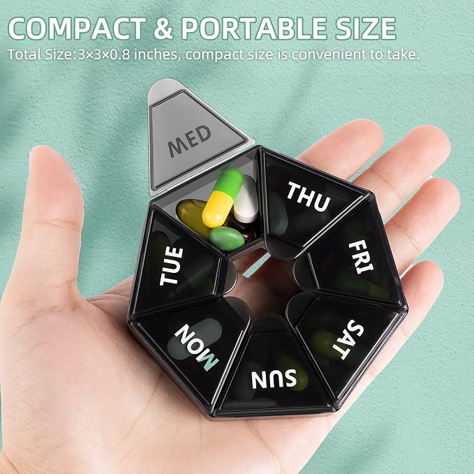 Gelibo,Weekly Pill Organizer, 2 Pack Portable Travel Pill Box Dispenser Medicine case 6 Colors (Seven Day) New Edition for Vitamin/Fish Oil/Pills/Supplements-Arthritis Friendly (Black)